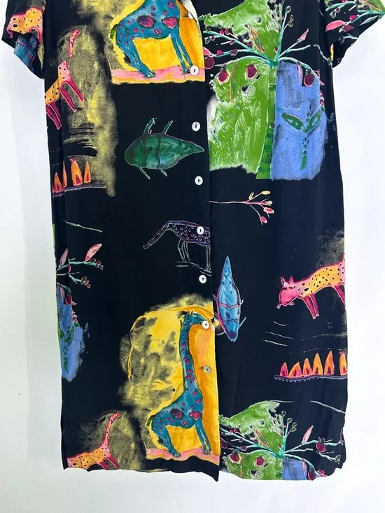 Vintage Jeffrey & Dara 90s Rayon Button Down Shirt Dress Novelty Animal Print 10 - Picture 3 of 5